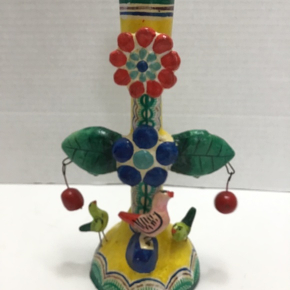 Vintage Hand Painted Mexican Candelabra Rustic Naive Folk Art Birds Flowers - Picture 2 of 6